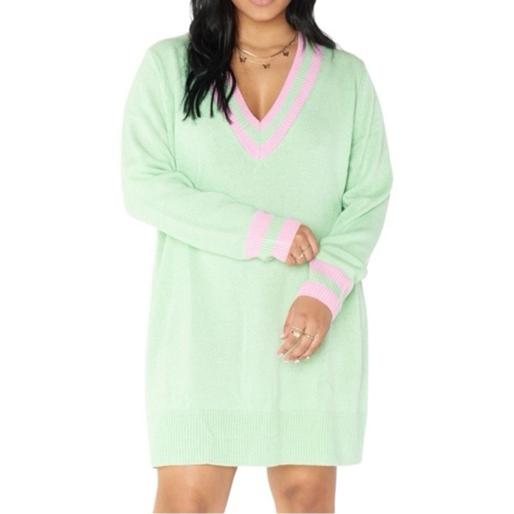 Show Me Your MuMu Hartford Mint Green Pink Varsity V Neck Sweater Dress Sz S